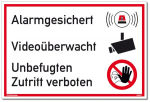 Dreifke&reg; Schild Alarmgesichert Video&uuml;berwacht | Alu Schild mit UV-Schutz weiß (300x200x2mm)