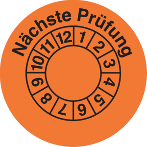 Dreifke&reg; Pr&uuml;fplakette, N&auml;chste Pr&uuml;fung, orange/schwarz, Folie, &Oslash; 35 mm - Boge...