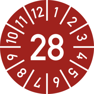 Dreifke&reg; Pr&uuml;fplakette Jahr 28 mit Monaten, rot, Folie-Spezialkl., &Oslash; 10 mm, 10...