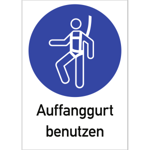 Gebotszeichen 'Auffanggurt benutzen' (M018), Kombischild mit Text gem ASR A1.... Schild Alu 26,2x37,1cm 1 Stück