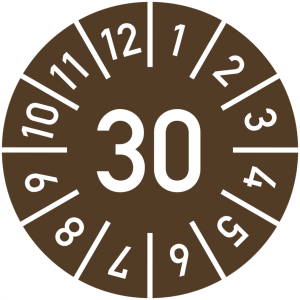 Dreifke&reg; Pr&uuml;fplakette Jahr 30 mit Monaten, braun, Folie, &Oslash; 15 mm, 10 St&uuml;ck