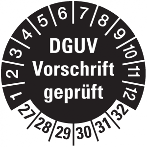 Pr&uuml;fplakette ab 27, DGUV Vorschrift gepr&uuml;ft, schwarz/wei&szlig;, &Oslash; 30 mm - Bogen = ...