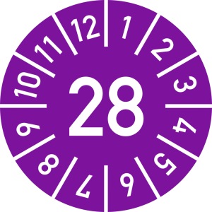 Dreifke&reg; Pr&uuml;fplakette Jahr 28 mit Monaten, violett, Folie, &Oslash; 15 mm, 10 St&uuml;ck/...