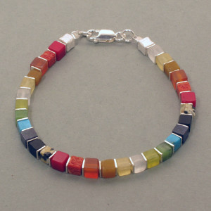Regenbogen -Armband, Würfel, Silber, Länge: 19 cm, bunte Edelsteine mit mattem Silber
