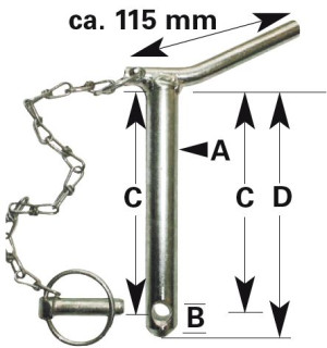 Unterlenker-Sicherungsbolzen Kat. 1 A-Ø 22 mm, B-Ø 12 mm, C 175 mm, D 191 mm