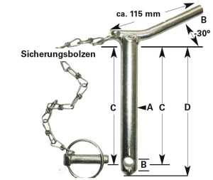 Oberlenker-Sicherungsbolzen A = 25 mm, B = 12 mm, C = 175 mm, D = 191 mm