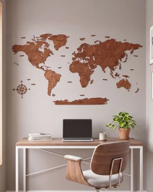 2D CLASSIC Drewniana Mapa Świata - Orzech - 180x100cm - 12 mm