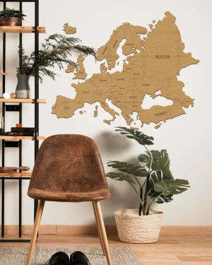 Drewniana Mapa Europy - 80x60cm - Granice+Podpisy Państw Język polski - Dąb