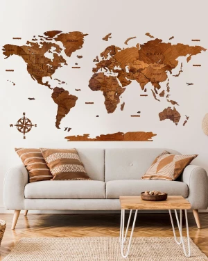 3D CLASSIC Drewniana Mapa Świata Orzech - 120x70cm