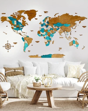 3D CLASSIC Drewniana Mapa Świata Lazur - 200x110cm