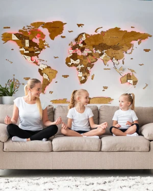 3D LED CLASSIC Drewniana Mapa Świata Podświetlana - Latte - 180x100cm - LED RGB 12V
