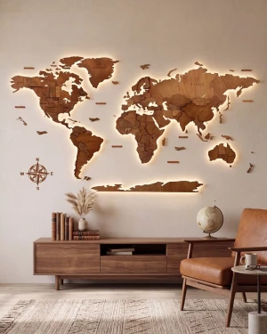 3D LED CLASSIC Drewniana Mapa Świata Podświetlana - Orzech - 180x100cm - LED RGB 12V