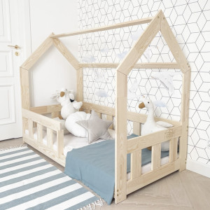 HAUSBETT Kinder mit Rausfallschutz Naturholz - MILO (Betten Dimension: 120x200 cm)