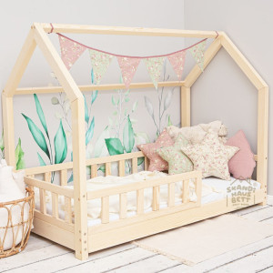 HAUSBETT Kinderbett Bodenbett mit Rausfallschutz Naturholz BELL NUO (Betten Dimension: 90x200 cm, Sicherheitbarieren: Mit)