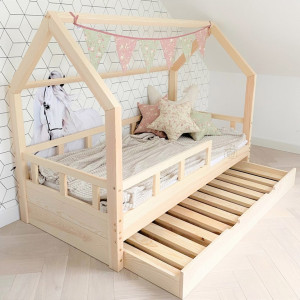 HAUSBETT mit SCHUBLADE Naturholz Kinderbett BELL (Betten Dimension: 90x200 cm)