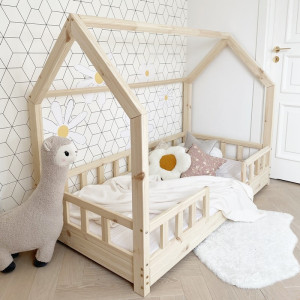 HAUSBETT Kinderbett Bodenbett mit Rausfallschutz Naturholz BELL DOS (Betten Dimension: 90x190 cm, Schublade: Kein)