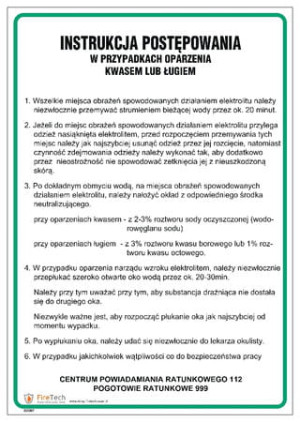 Znak "Instrukcja postępownia w przypadku oparzenia kwasem lub ługiem" Signproject