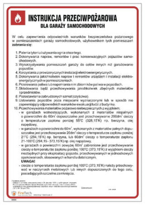 Znak "Instrukcja przeciwpożarowa dla garaży samochodowych" Signproject