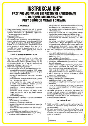 Znak " Instrukcja BHP przy posługiwaniu się ręcznymi narzędziami o napędzie mechanicznym" Signproject