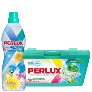 Perlux zestaw hybrydowe kapsułki do prania color i płyn do płukania fresh wind - 20 szt + 900 ml