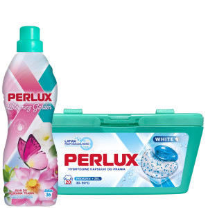 Perlux zestaw hybrydowe kapsułki do prania white i płyn do płukania Blooming Garden - 20 szt + 900 ml