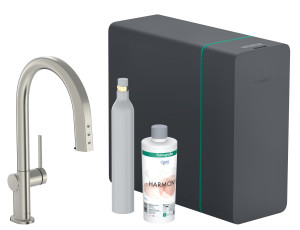 Hansgrohe Aqittura M91 robinet de cuisine 76839800 SodaSystem 210, bec extractible, set de démarrage, finition inox