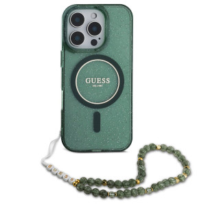 Guess MagSafe IML Glitter Case met beads strap voor de Apple iPhone 16 Pro - Green
