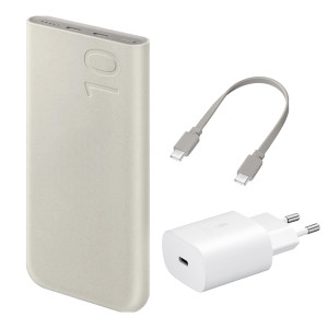 Originele Powerbank Bundel   Samsung Galaxy Batterij Pack 10.000 mAh - 2x USB-C - Beige + Samsung 25 Watt USB-C Adapter - Wit