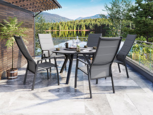 Dallas Rund Spisegruppe M/stort Bord Ø135 Cm Og 5 Reclinerstoler I Antrasitt Aluminium