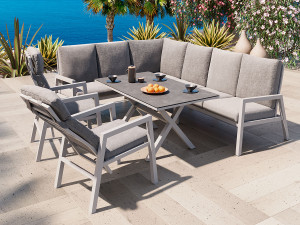 Jamaica Hjørnesofa 2c3/3c2 I M/spisebord Og 2 Reclinerstoler, I Hvit Aluminium