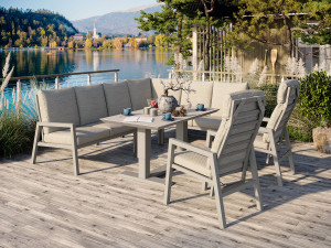 Jamaica Hjørnesofa 2c3/3c2 Med Hev/senk Bord 140x80 Og 2 Jamaica Reclinerstoler I Khaki Aluminium