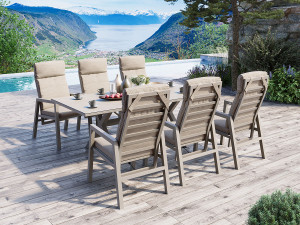 Jamaica Spisegruppe M/bord 210 Cm Og 6 Reclinerstoler I Khaki Aluminium