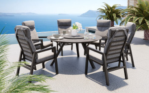 Jamaica Rund Spisegruppe M/bord 150 Cm Og 6 Reclinerstoler I Antrasitt Aluminium