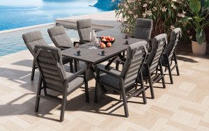 Jamaica Stor Spisegruppe M/bord 210 Cm Og 8 Reclinerstoler I Antrasitt Aluminium
