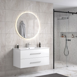 Lindadesign 100 Cm Sort Høyglans Baderomsmøbel M/hvit Servant Og Rundt Speil