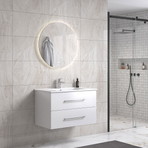 Lindadesign 80 Cm Hvit Høyglans Baderomsmøbel M/hvit Servant Og Rundt Speil