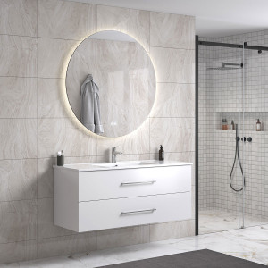 Lindadesign 120 Cm Sort Høyglans Baderomsmøbel Single M/hvit Servant Og Rundt Speil