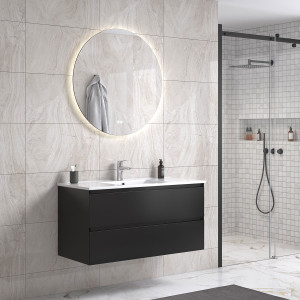 Noradesign 100 Cm Sort Matt Baderomsmøbel M/hvit Servant Og Rundt Speil