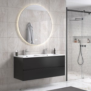 Noradesign 120 Cm Grå Matt Baderomsmøbel Dobbel M/hvit Servant Og Rundt Speil