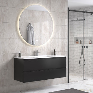 Noradesign 120 Cm Sort Matt Baderomsmøbel Single M/hvit Servant Og Rundt Speil