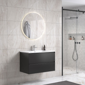 Noradesign 80 Cm Baderomsmøbel M/hvit Servant Og Rundt Speil