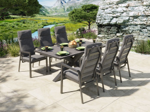 Paris Spisegruppe M/stort Bord 180 Cm Og 6 Reclinerstoler I Antrasitt Aluminium