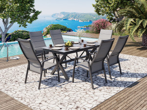 Villa - Spisegruppe Med Uttrekkbart Hpl Bord 180/240x90 Cm I Betongfarge Og 6 Dallas Reclinerstoler