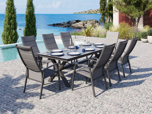 Villa - Spisegruppe Med Uttrekkbart Hpl Bord 240/315x100 Cm I Betongfarge Og 8 Dallas Reclinerstoler