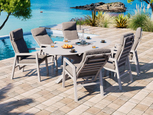 Jamaica Oval - Stor Matgrupp M/bord 220 Och 6 Reclinerstolar I Vit Aluminium