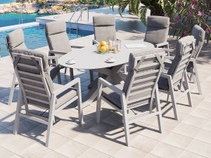 Jamaica Oval - Stor Matgrupp M/bord 220 Och 8 Reclinerstolar I Vit Aluminium