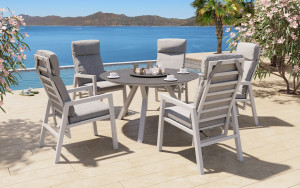 Jamaica Rund Matgrupp 135 Cm Och 5 Reclinerstolar I Vit Aluminium