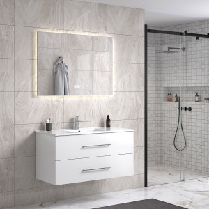 Lindadesign 100 Cm Vit Högglans Badrumsmöbel M/vit Handfat Och Rektangulär Spegel