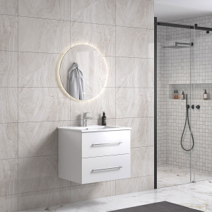 Lindadesign 60 Cm Sort Matt Baderomsmøbel M/hvit Servant Og Rundt Speil