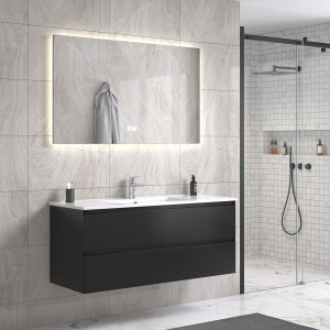 Noradesign 120 Cm Sort Matt Baderomsmøbel Single M/hvit Servant Og Rektangulært Speil